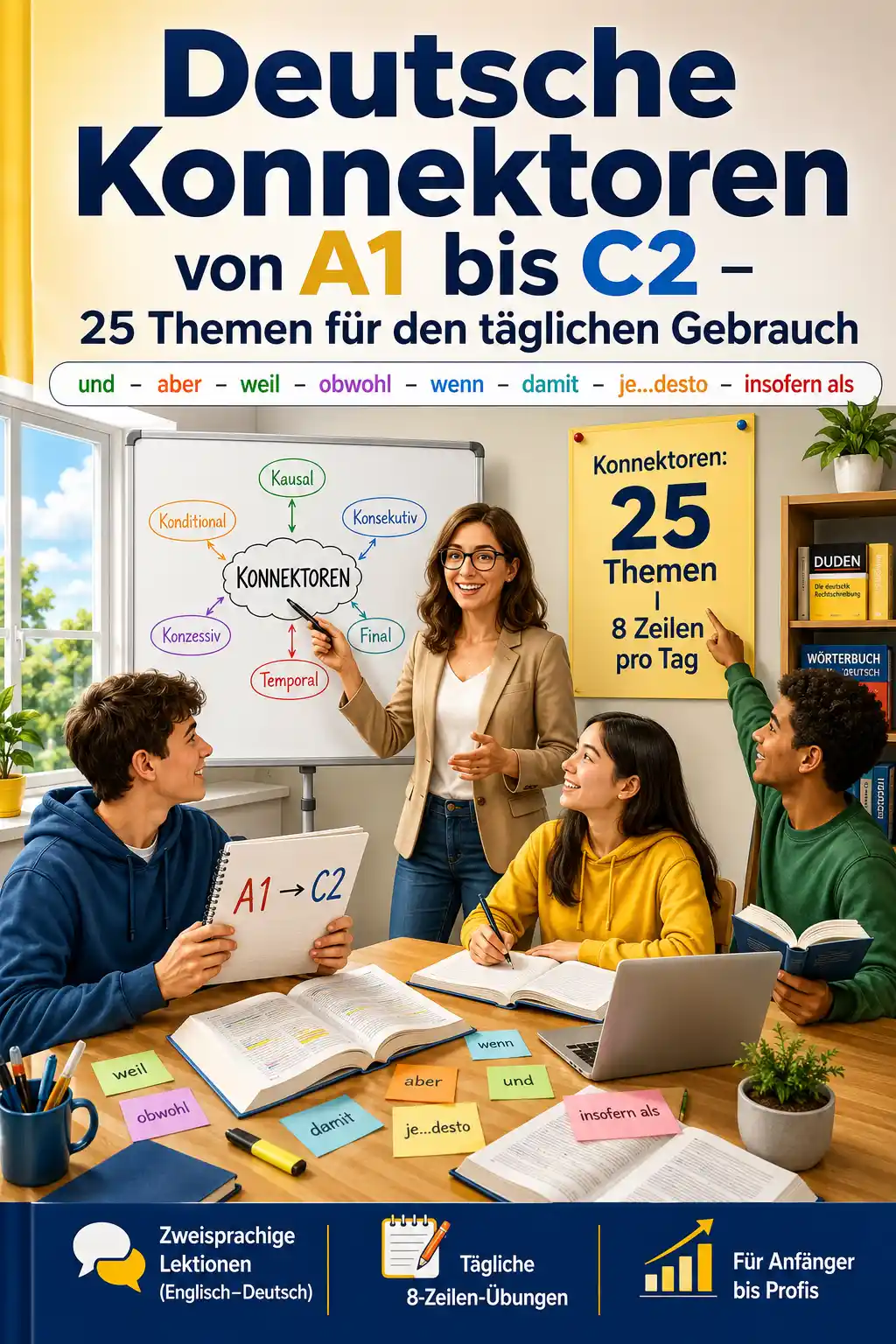 Deutsche Konnektoren von A1 bis C2 – 25 Themen für den täglichen Gebrauch